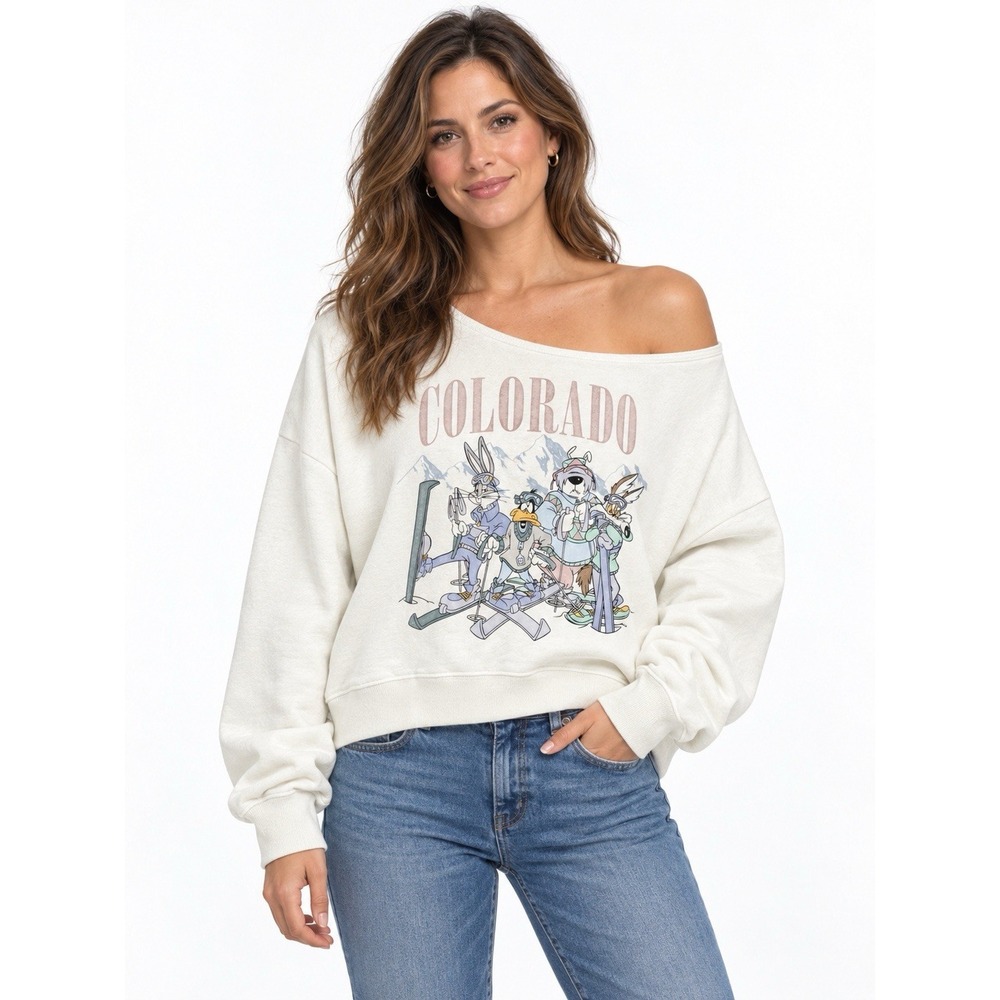 Hollister Looney Tunes Colorado Off Shoulder Sweatshirt Women M Oversized Crop